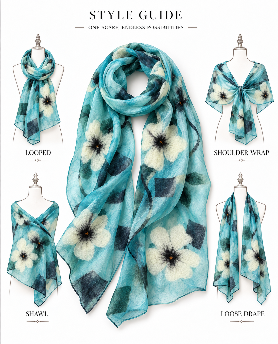 Aqua Teal Floral scarves handmade from natural silk and wool, style guide