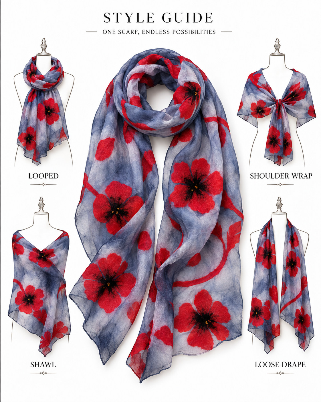 Gray Red Floral scarves handmade from natural silk and wool, style guide