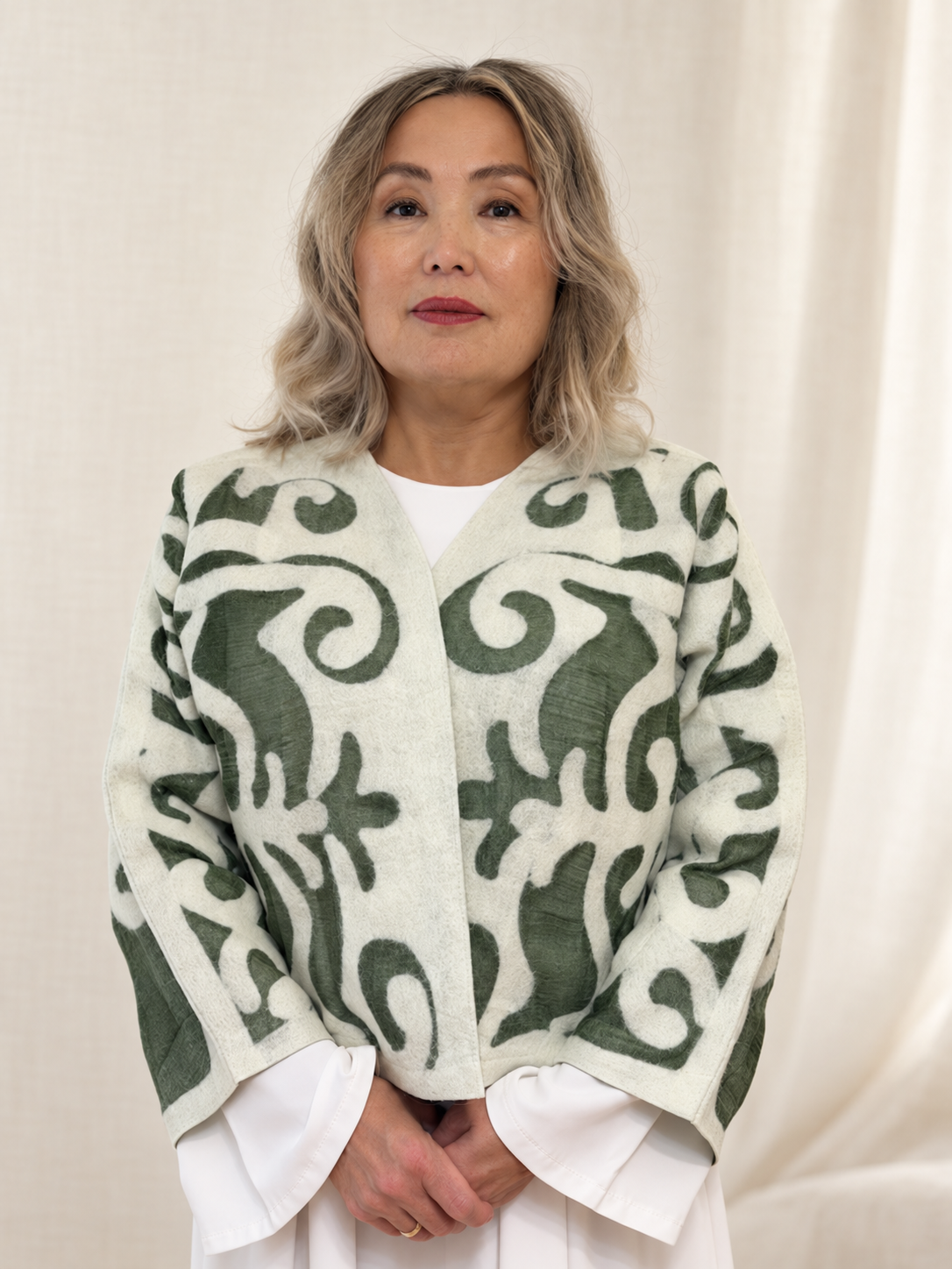 Green Cream short jackets handmade from natural silk and wool, view 1
