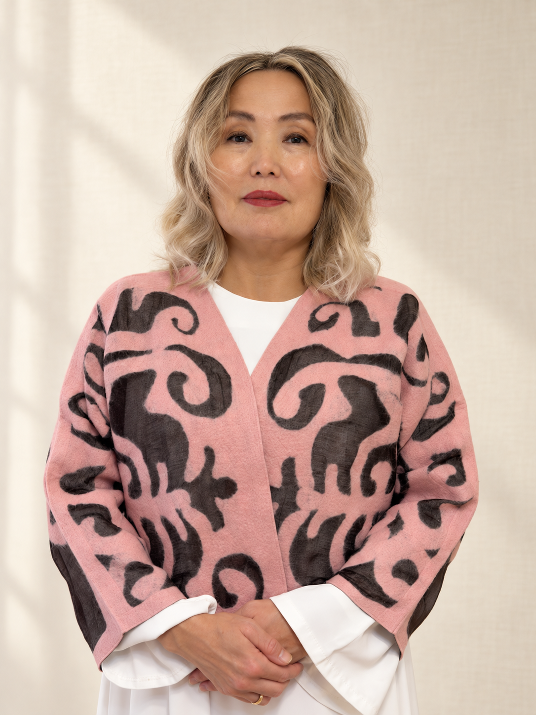 Pink Black short jackets handmade from natural silk and wool, view 1