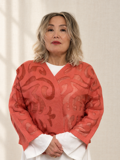 Coral Red short jackets handmade from natural silk and wool, view 1
