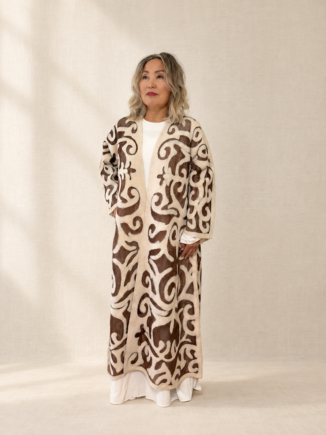 Brown Cream long coat handmade from natural silk and wool, view 1