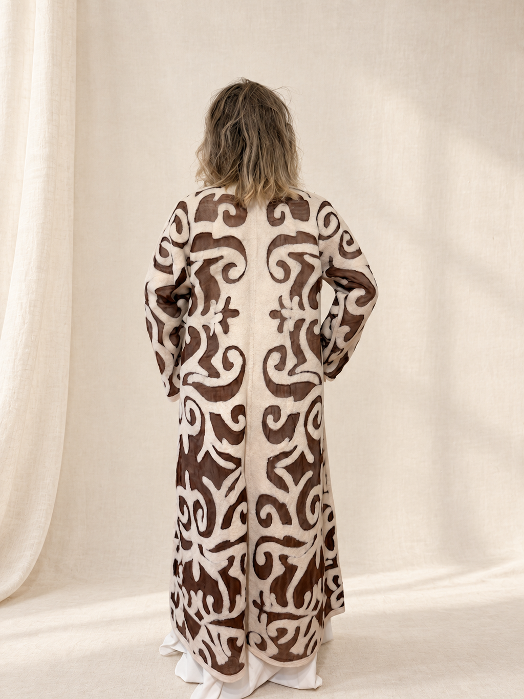 Brown Cream long coat handmade from natural silk and wool, view 2