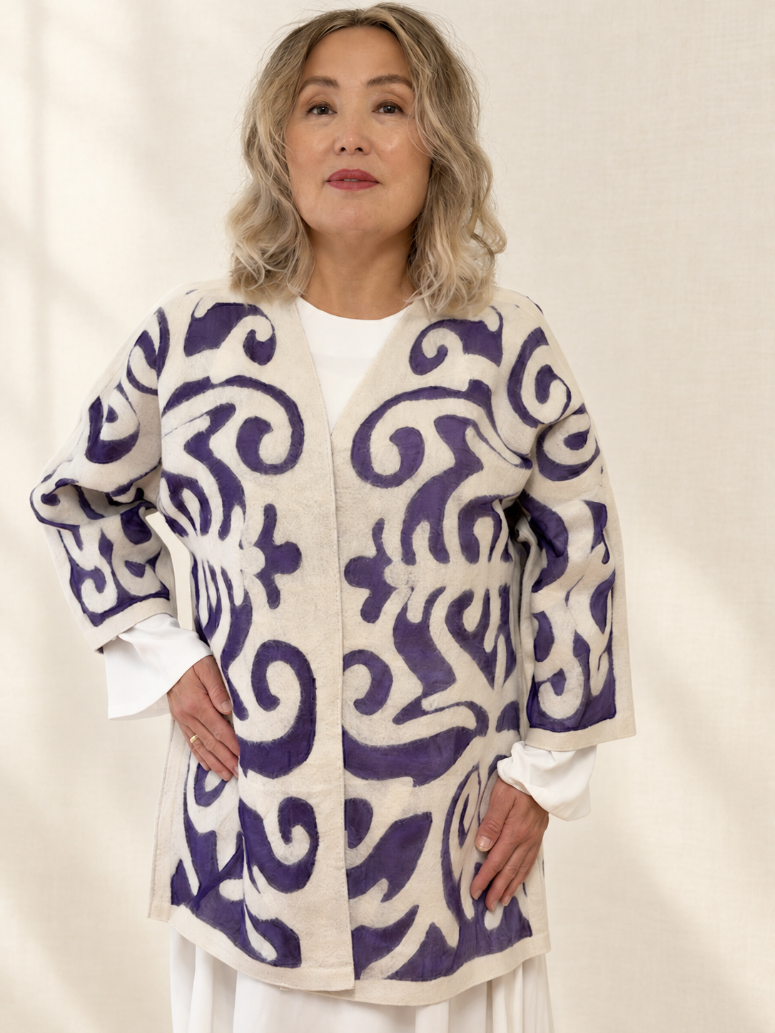 Purple Cream mid-length jackets handmade from natural silk and wool, view 1
