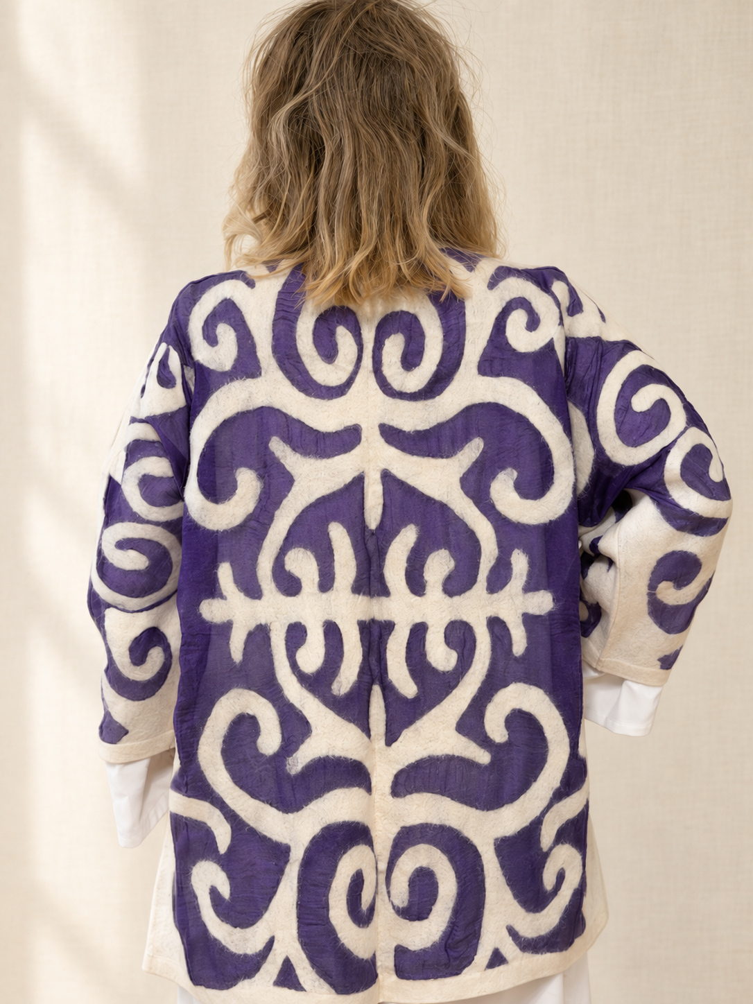 Purple Cream mid-length jackets handmade from natural silk and wool, view 2