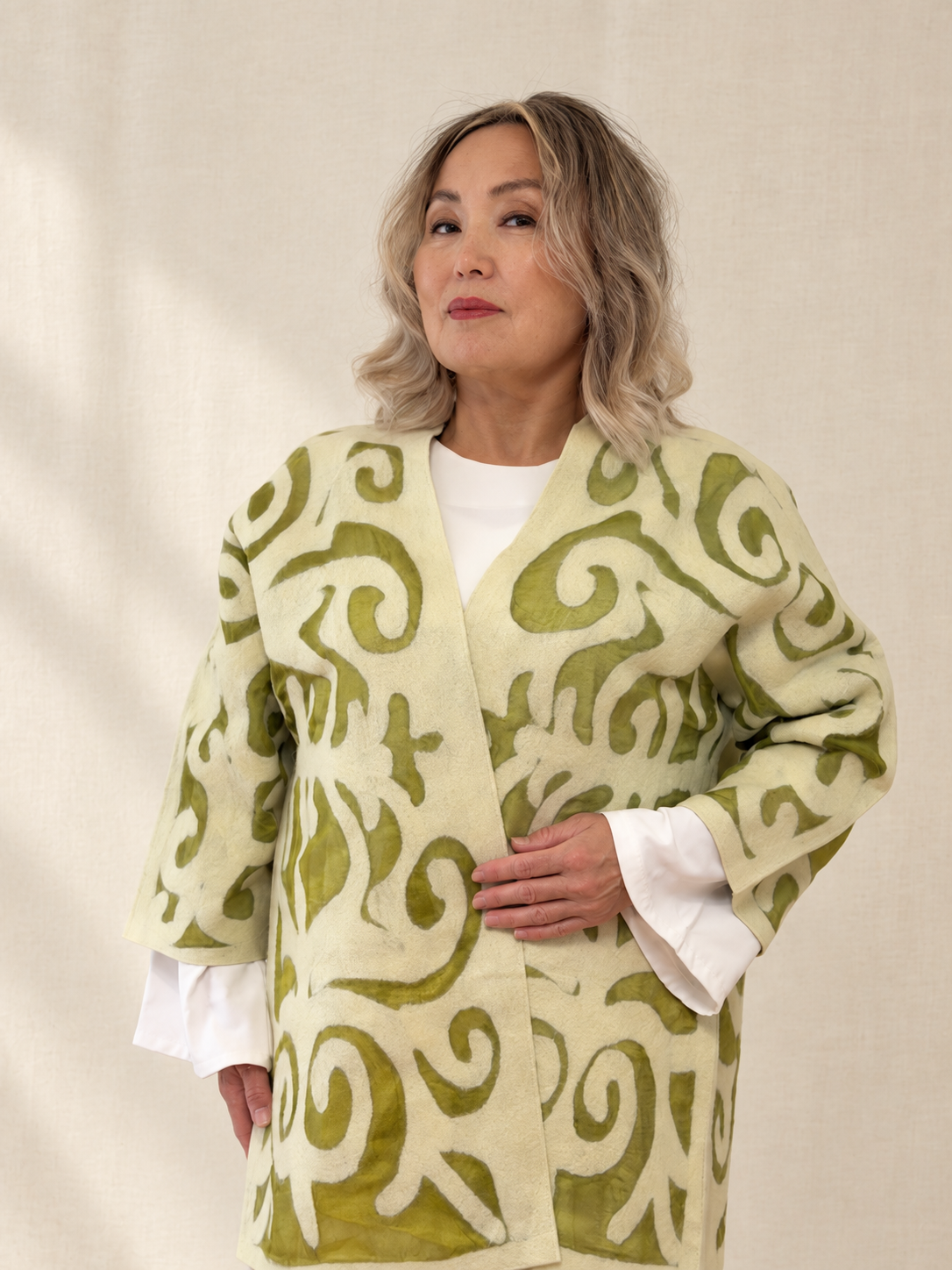 Green Cream mid-length jackets handmade from natural silk and wool, view 1