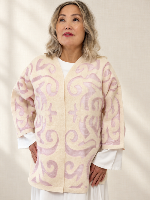 Pale Lilac Cream mid-length jackets handmade from natural silk and wool, view 1