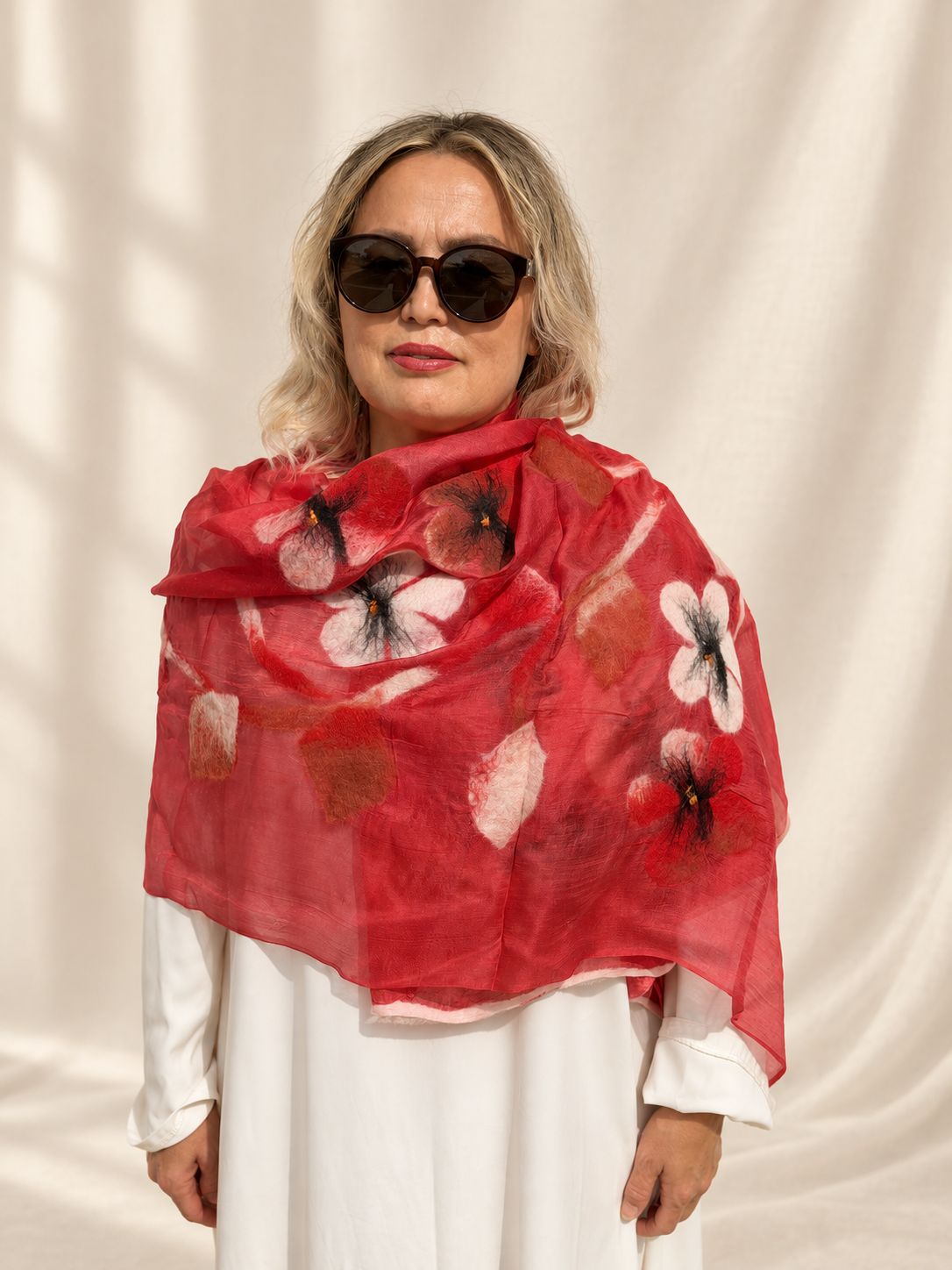 Red Floral scarves handmade from natural silk and wool, view 1