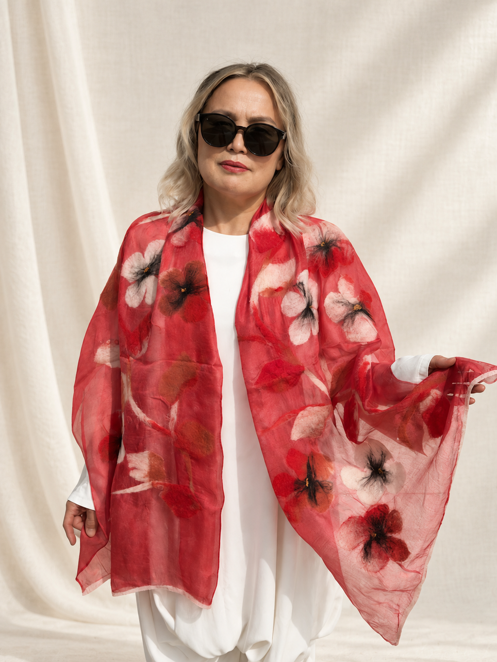 Red Floral scarves handmade from natural silk and wool, view 2