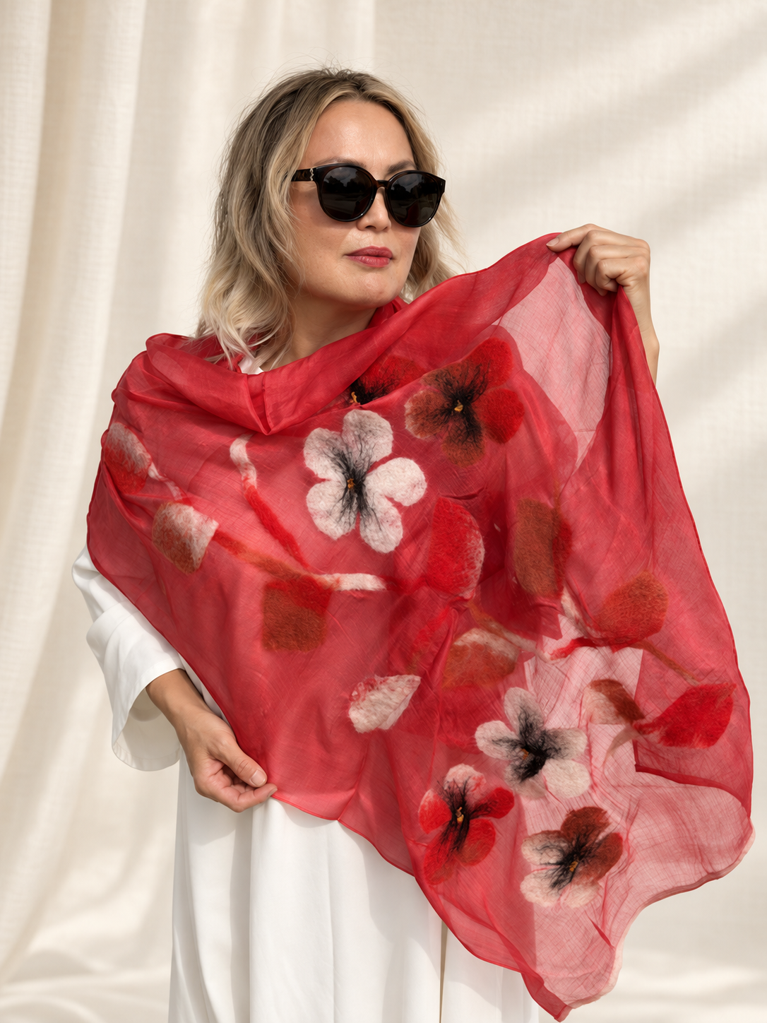 Red Floral scarves handmade from natural silk and wool, view 3