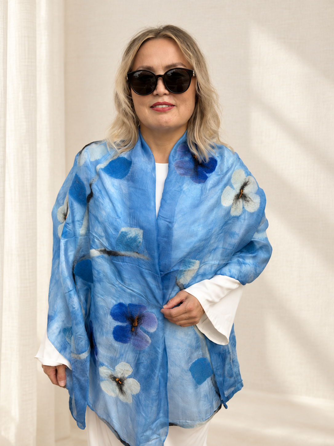 Sky Blue Floral scarves handmade from natural silk and wool, view 1