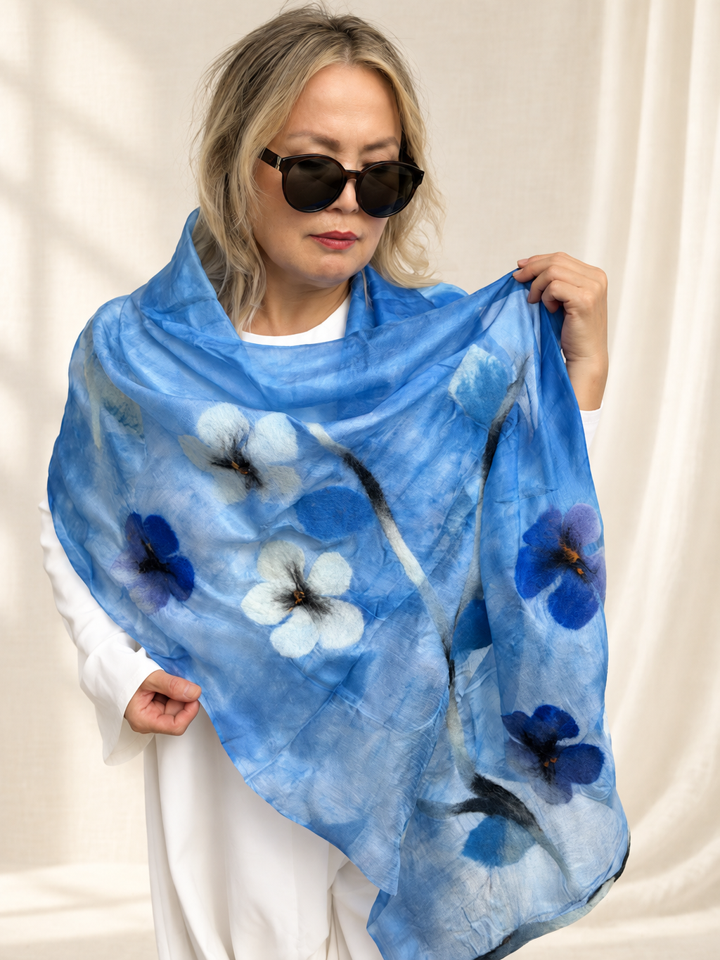 Sky Blue Floral scarves handmade from natural silk and wool, view 3