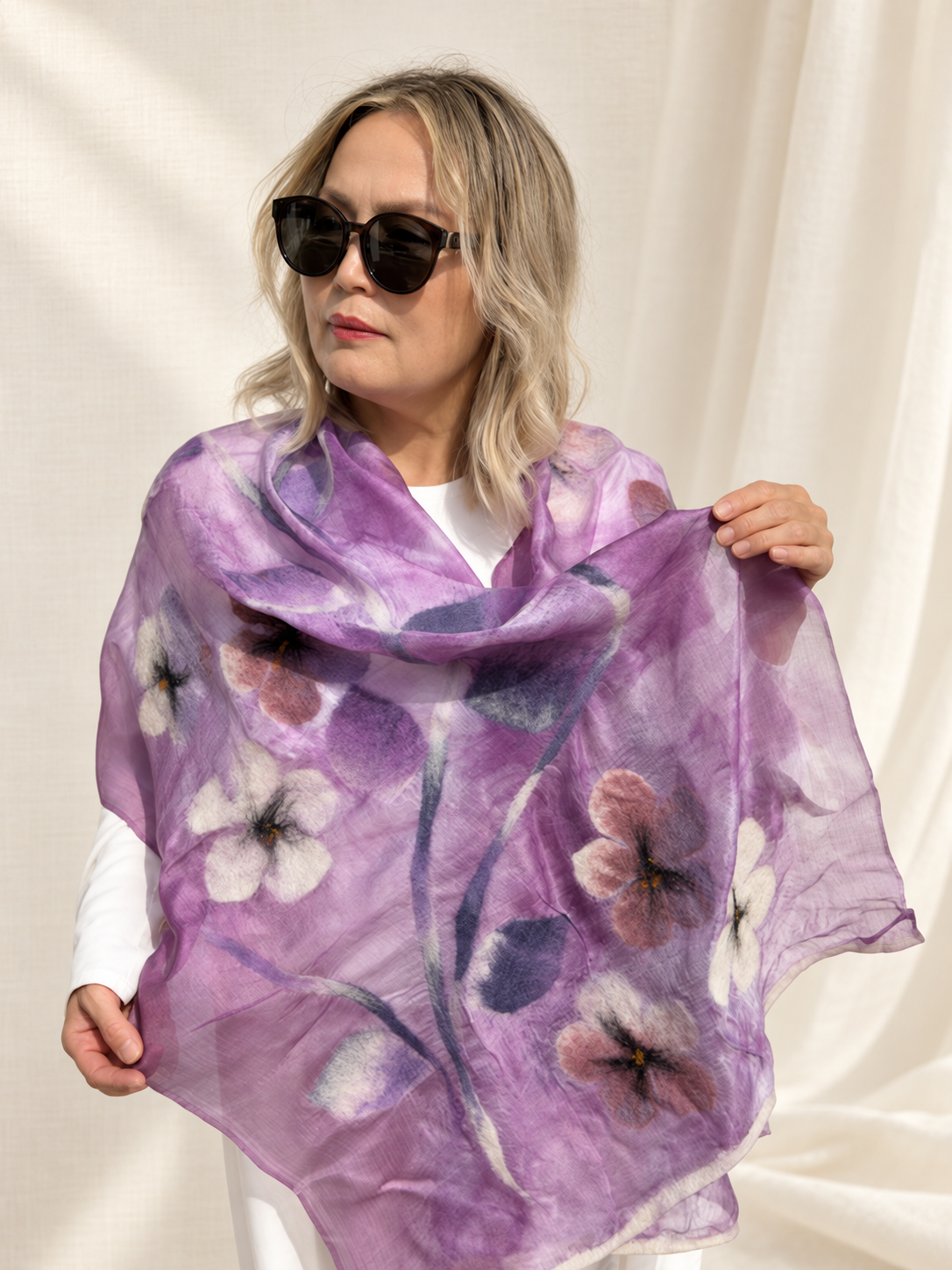 Purple Floral scarves handmade from natural silk and wool, view 1