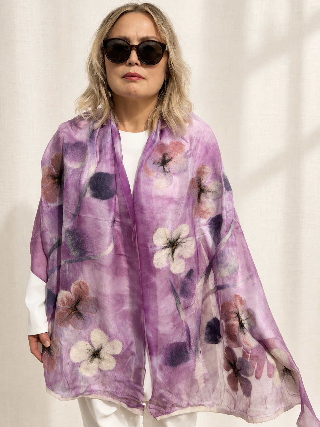 Purple Floral scarves handmade from natural silk and wool, view 2