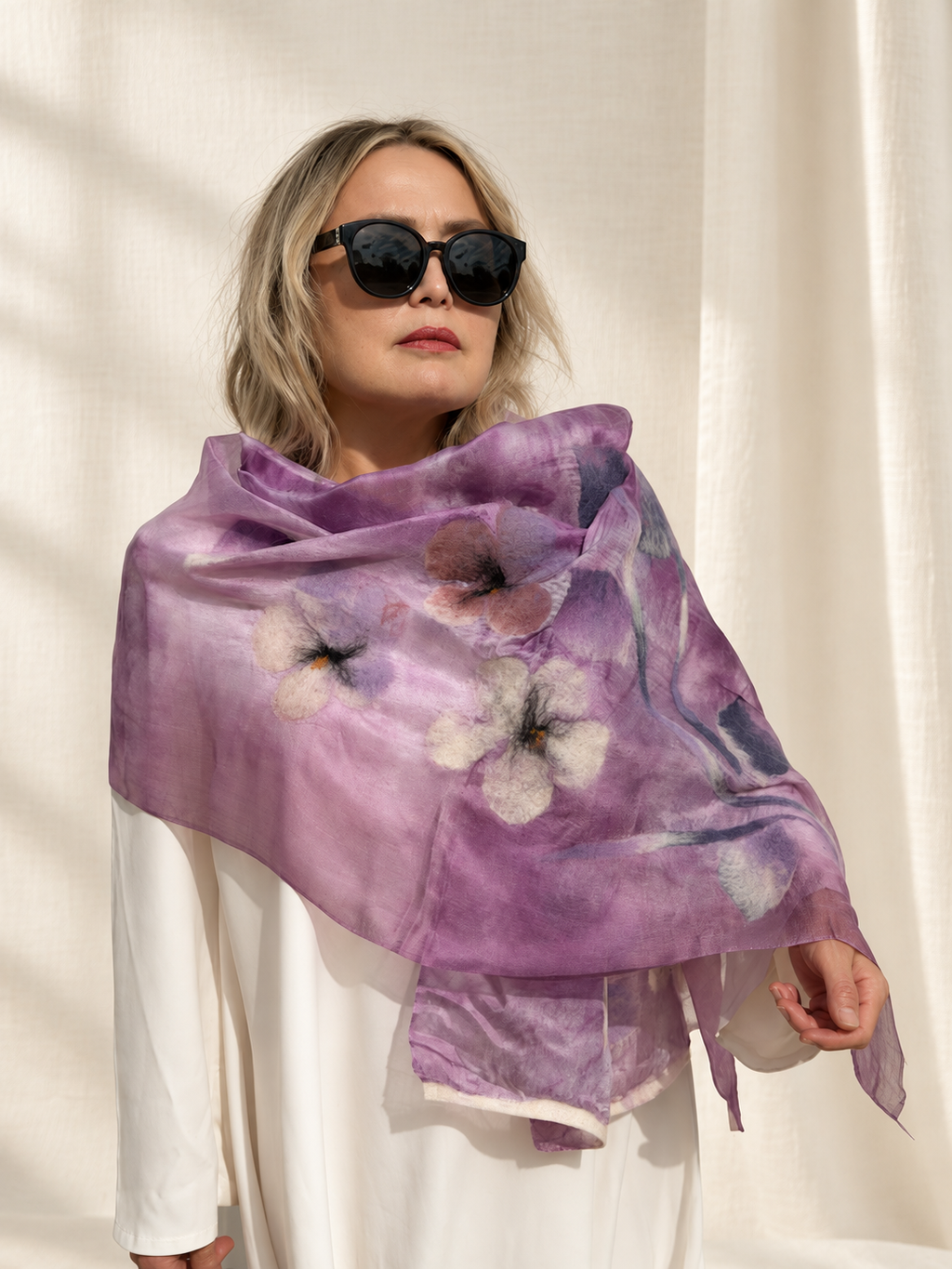 Purple Floral scarves handmade from natural silk and wool, view 3