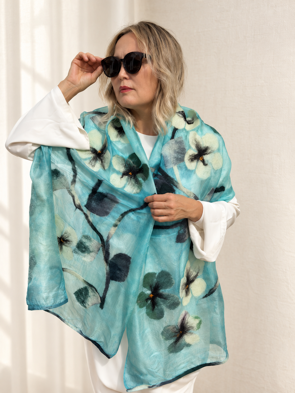 Aqua Teal Floral scarves handmade from natural silk and wool, view 1