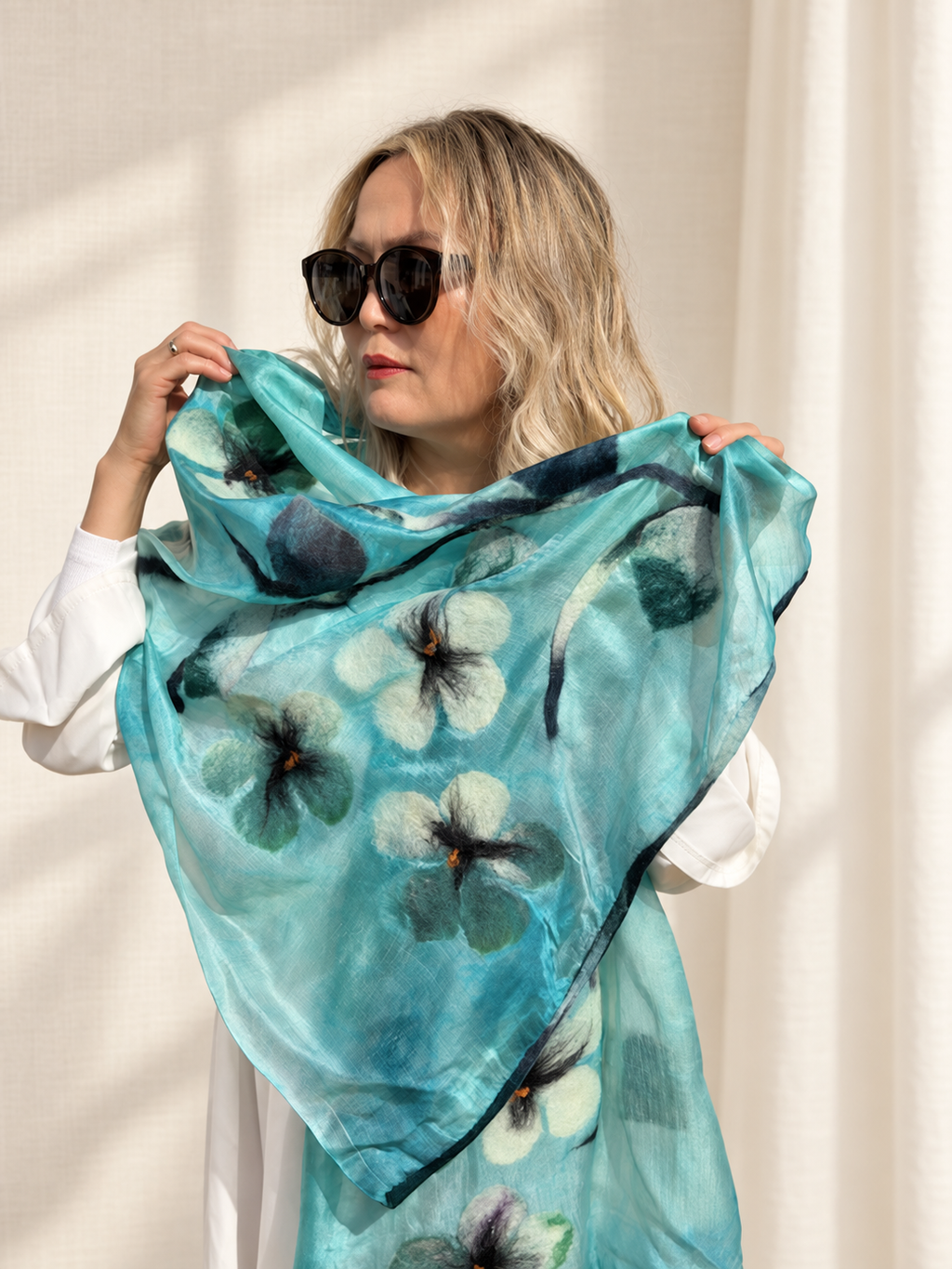 Aqua Teal Floral scarves handmade from natural silk and wool, view 2