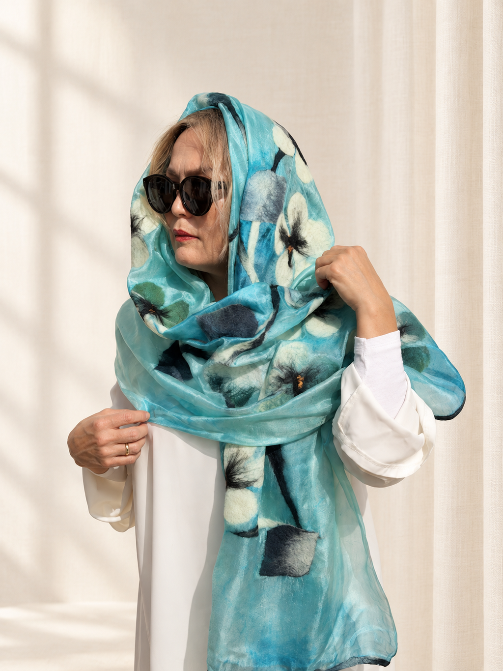Aqua Teal Floral scarves handmade from natural silk and wool, view 3