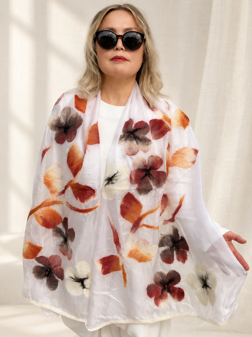 White Autumn Floral scarves handmade from natural silk and wool, view 1