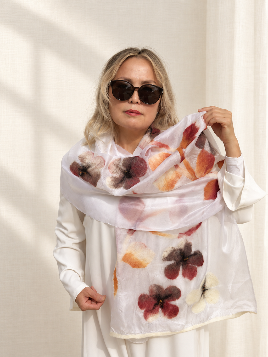White Autumn Floral scarves handmade from natural silk and wool, view 2