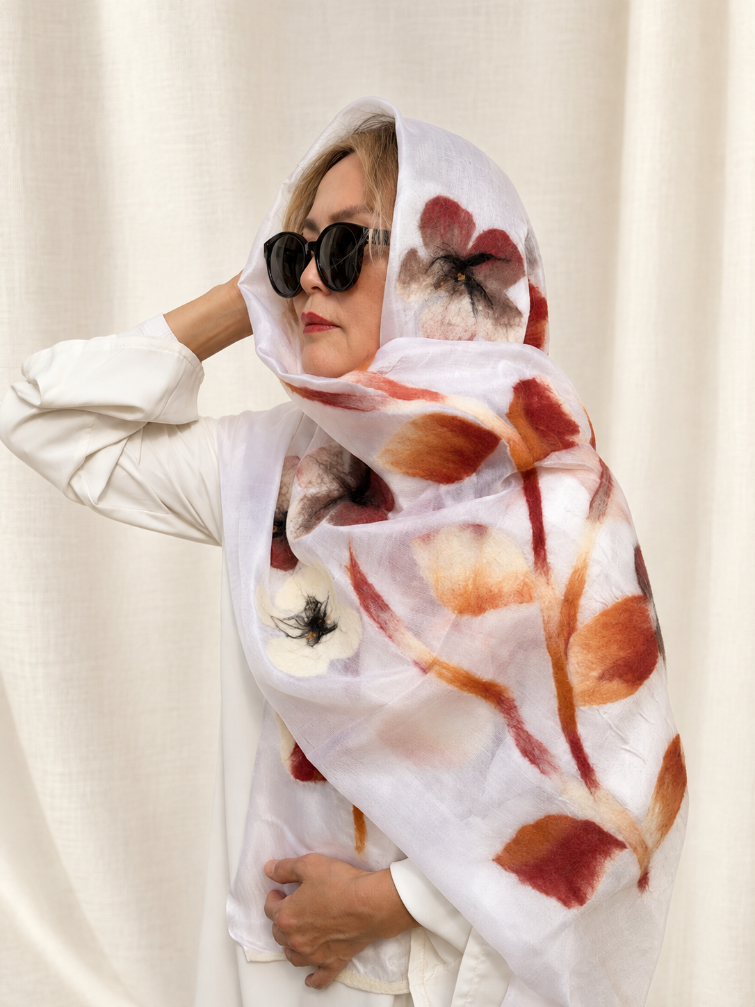 White Autumn Floral scarves handmade from natural silk and wool, view 3