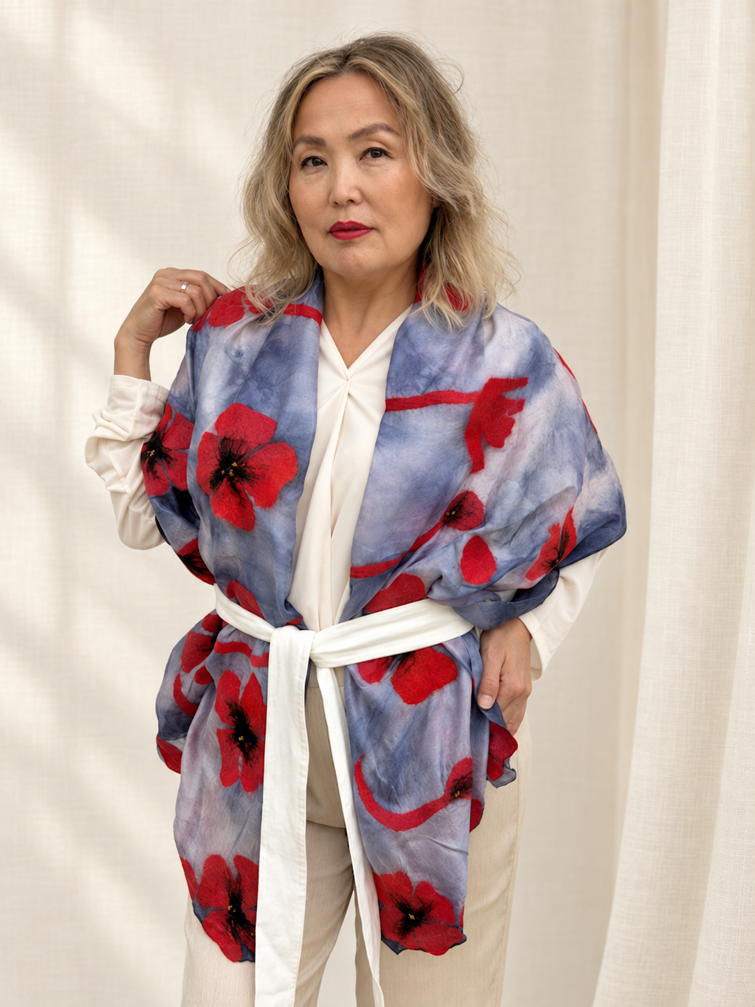 Gray Red Floral scarves handmade from natural silk and wool, view 1