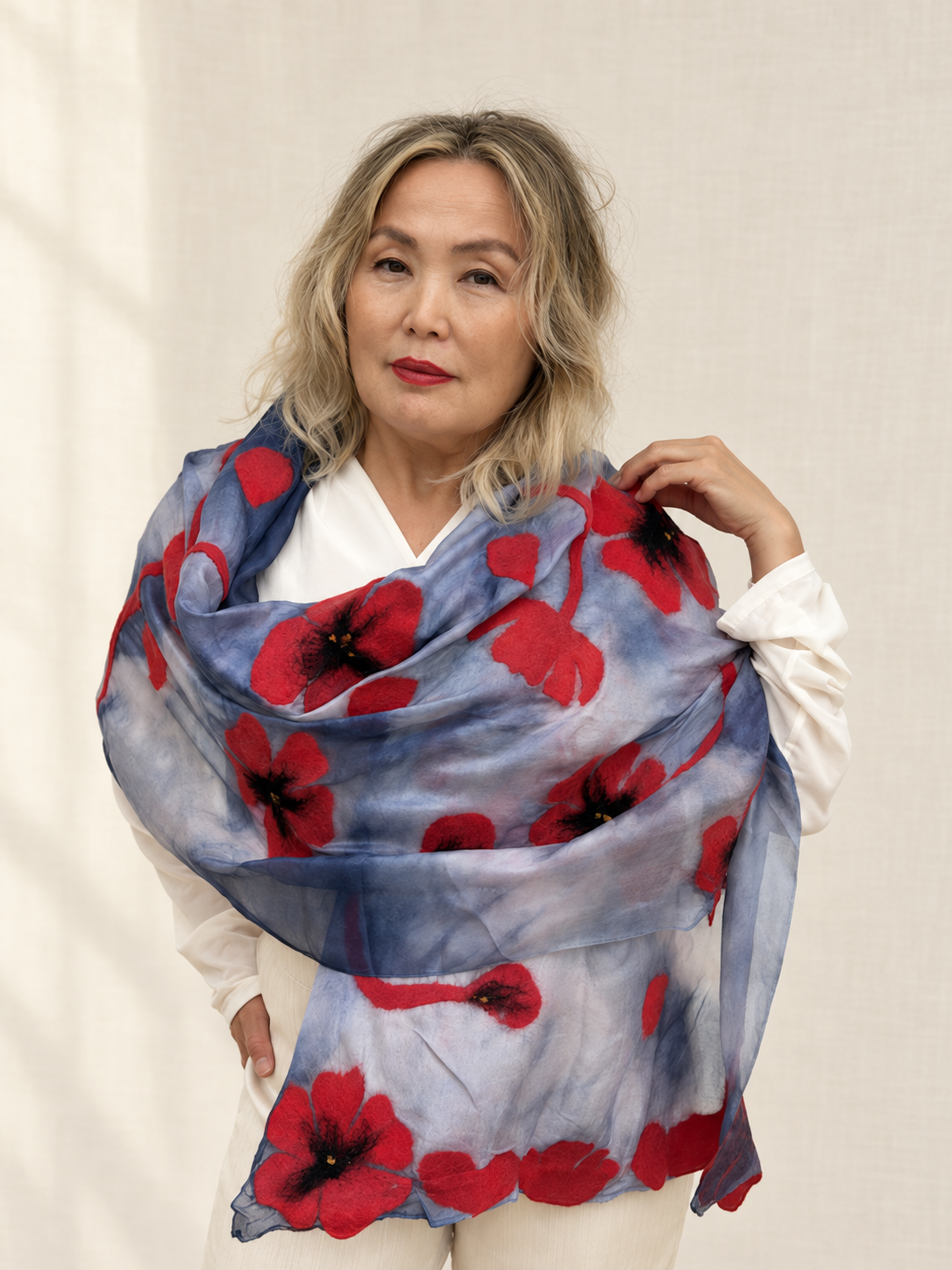 Gray Red Floral scarves handmade from natural silk and wool, view 2