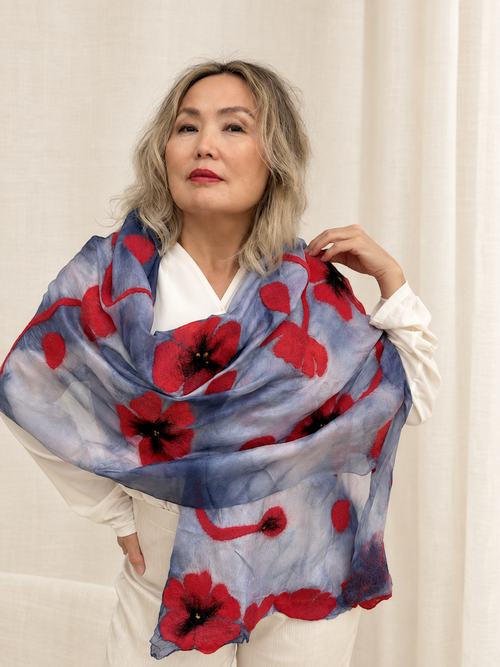 Gray Red Floral scarves handmade from natural silk and wool, view 3