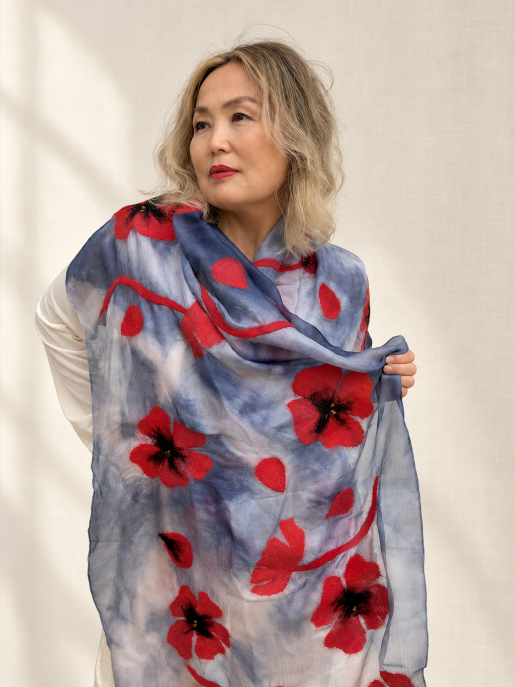 Gray Red Floral scarves handmade from natural silk and wool, view 4