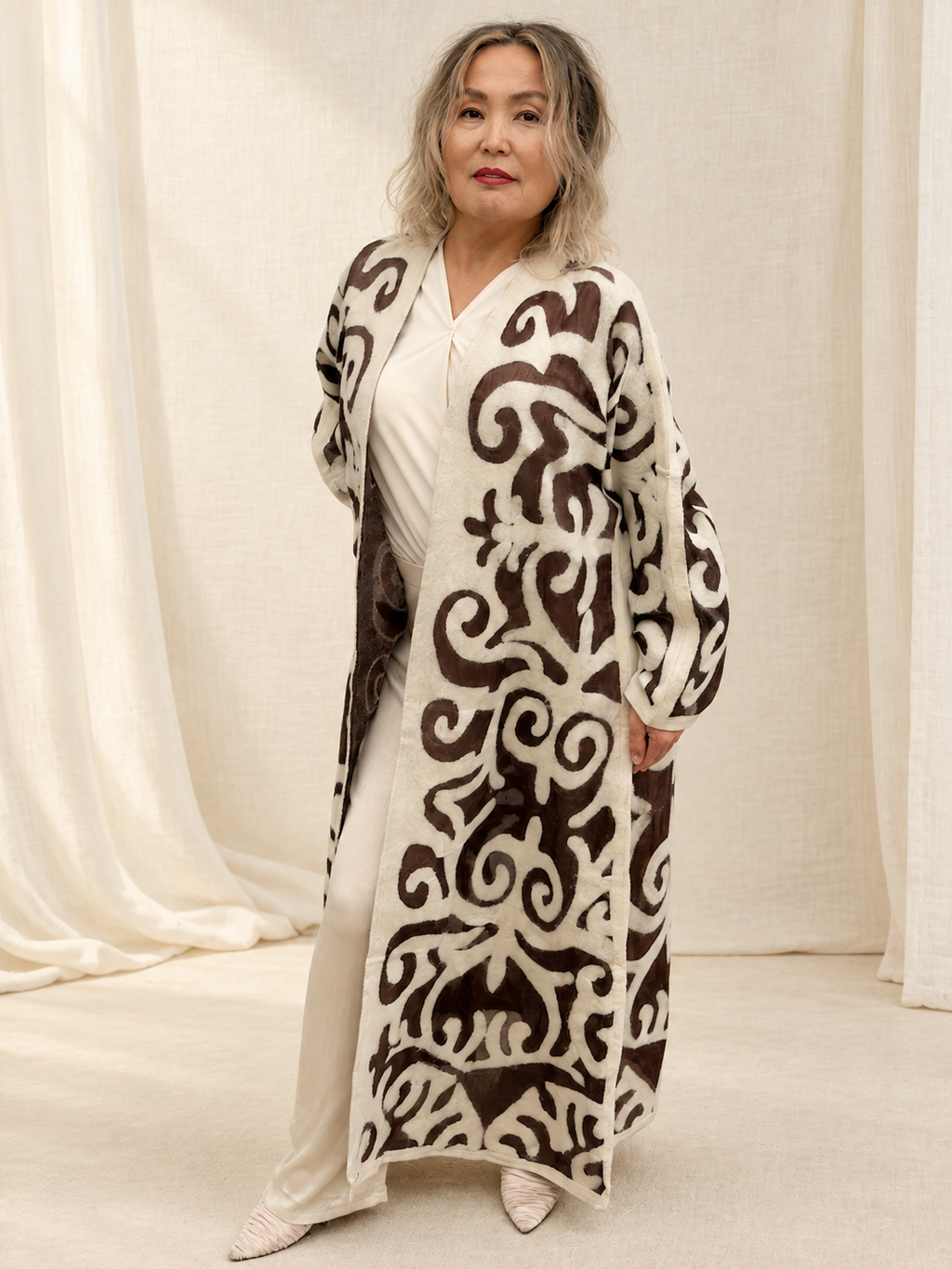 Brown Cream long coat handmade from natural silk and wool, view 3