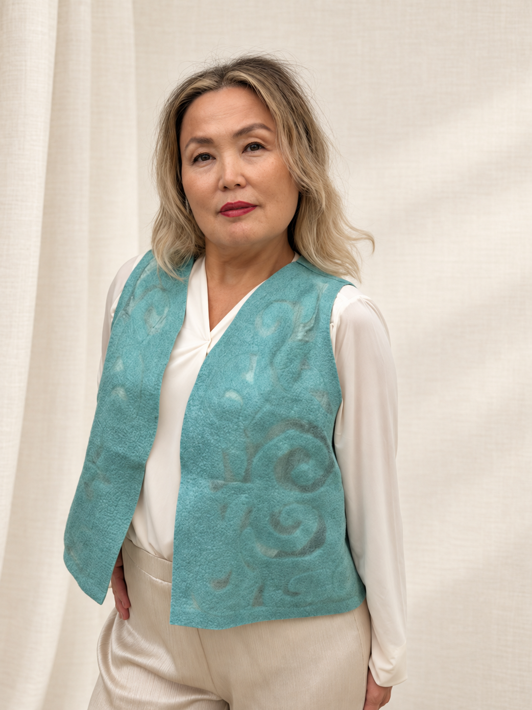 Turquoise vests handmade from natural silk and wool, view 1
