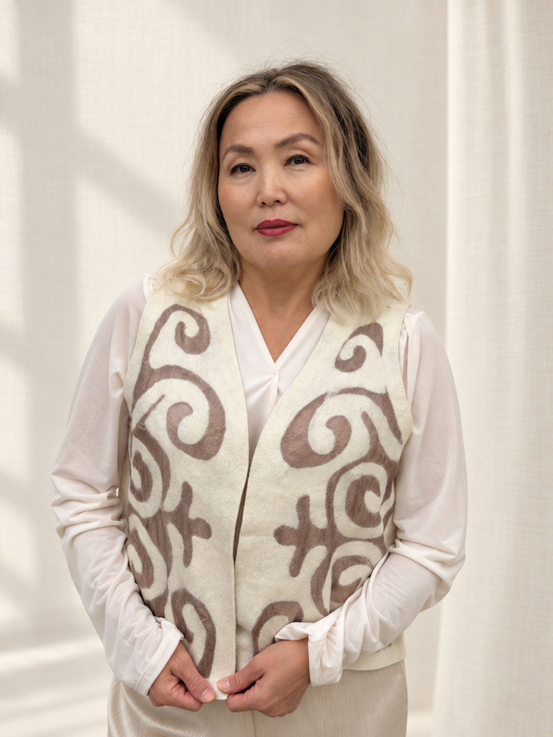 Cream Taupe vests handmade from natural silk and wool, view 1