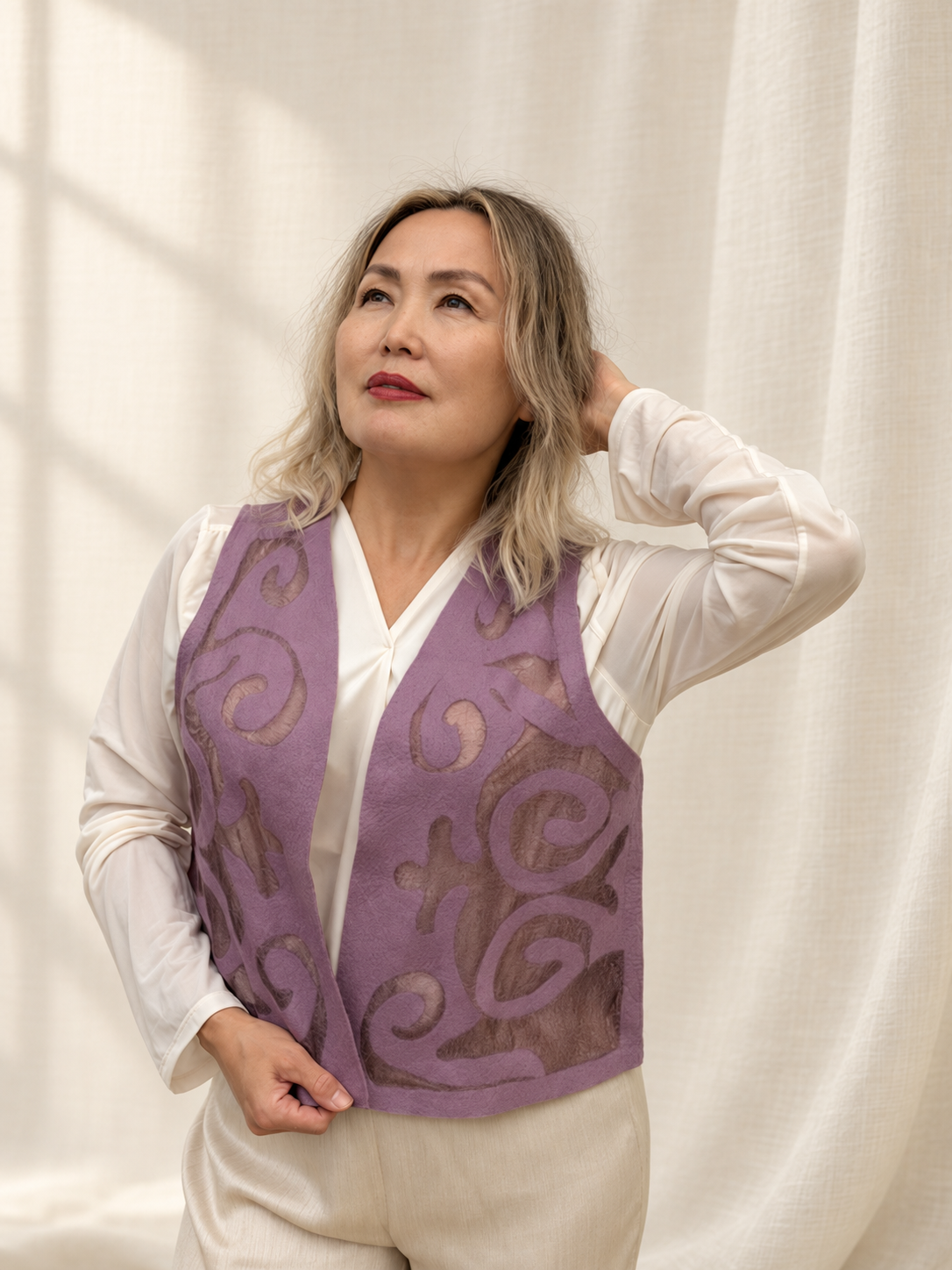 Purple vests handmade from natural silk and wool, view 1