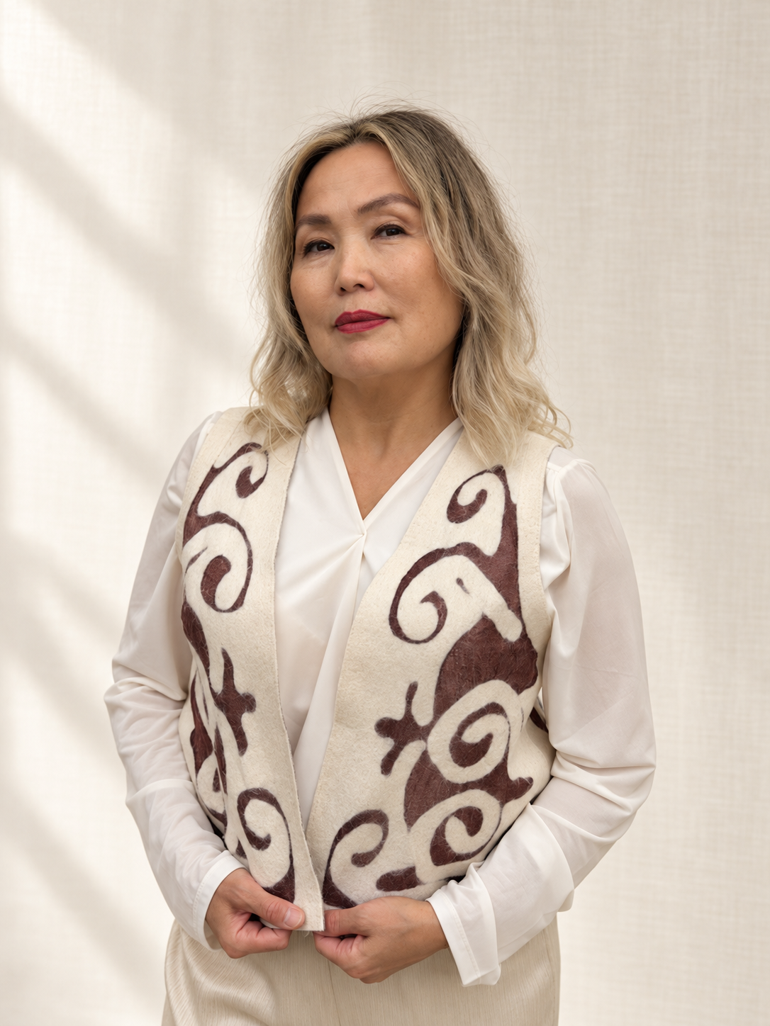 Brown Cream vests handmade from natural silk and wool, view 1