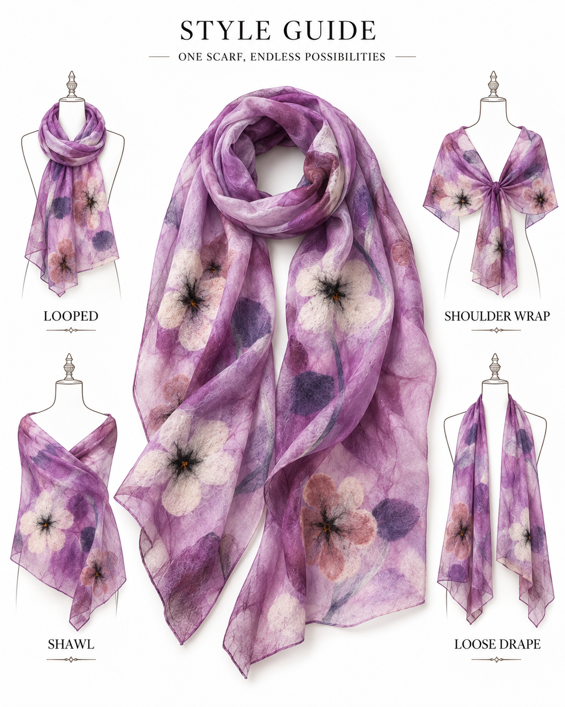 Purple Floral scarves handmade from natural silk and wool, style guide