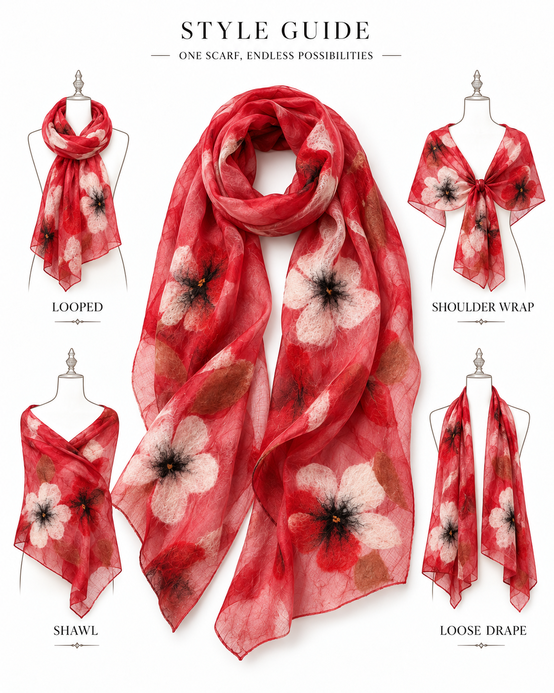 Red Floral scarves handmade from natural silk and wool, style guide