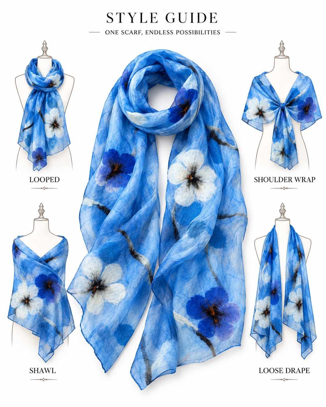 Sky Blue Floral scarves handmade from natural silk and wool, style guide