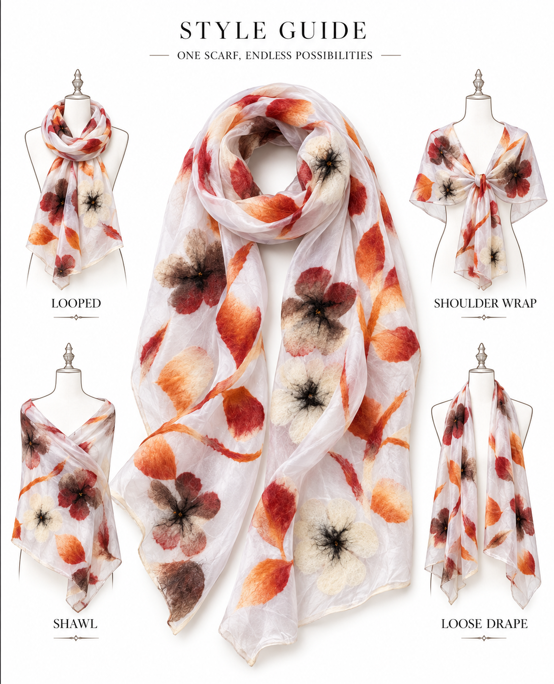 White Autumn Floral scarves handmade from natural silk and wool, style guide