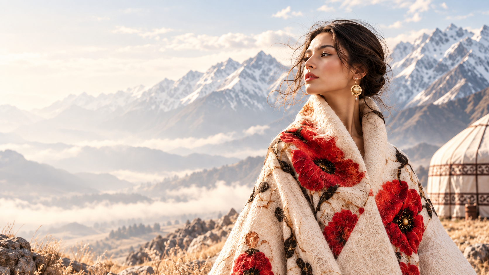 Woman wearing a red floral silk and wool wrap in the Kyrgyz mountains